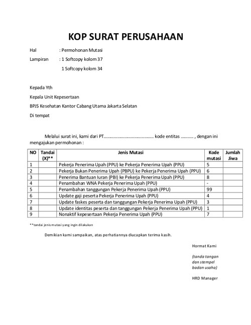 Contoh Surat Permohonan Pengalihan BPJS 2