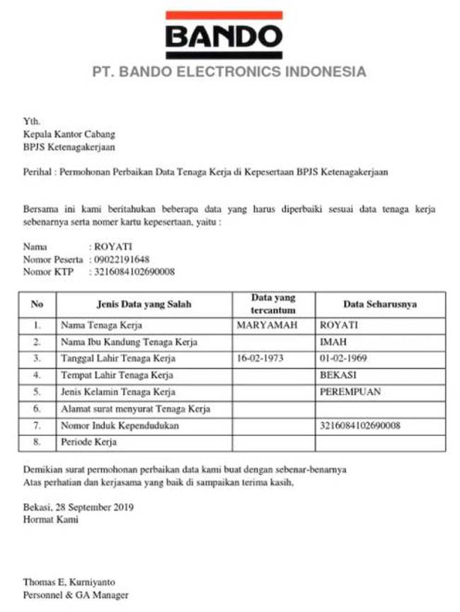 Contoh Surat Permohonan Perubahan Data BPJS Ketenagakerjaan 2