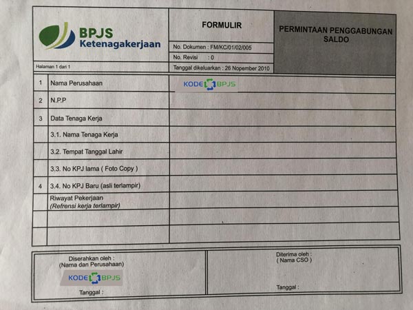 Formulir Penggabungan Saldo BPJS Ketenagakerjaan